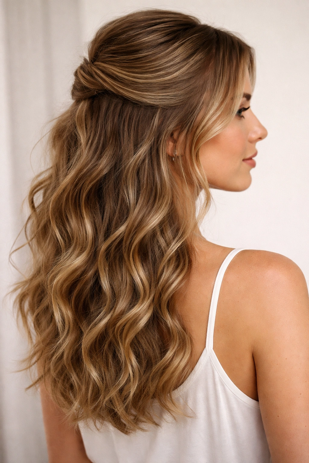 Model with top half pulled back in a textured half-up style over lower waves.