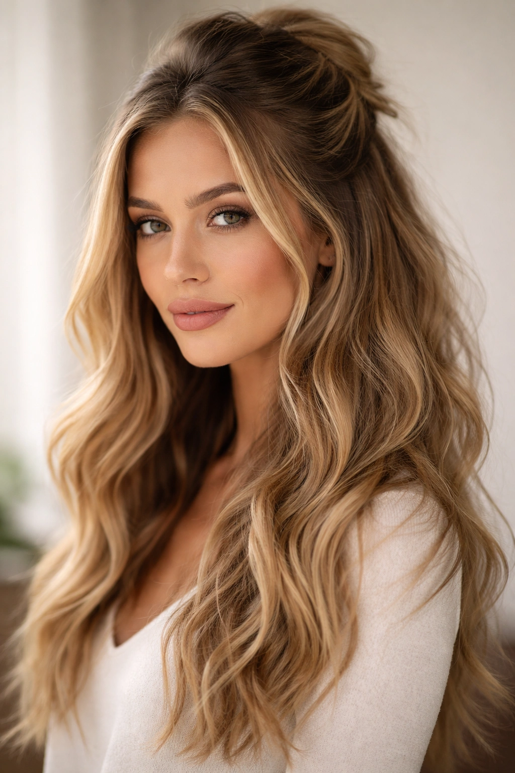 Half-Up Beach Waves hairstyle with half-up top and loose waves on long hair