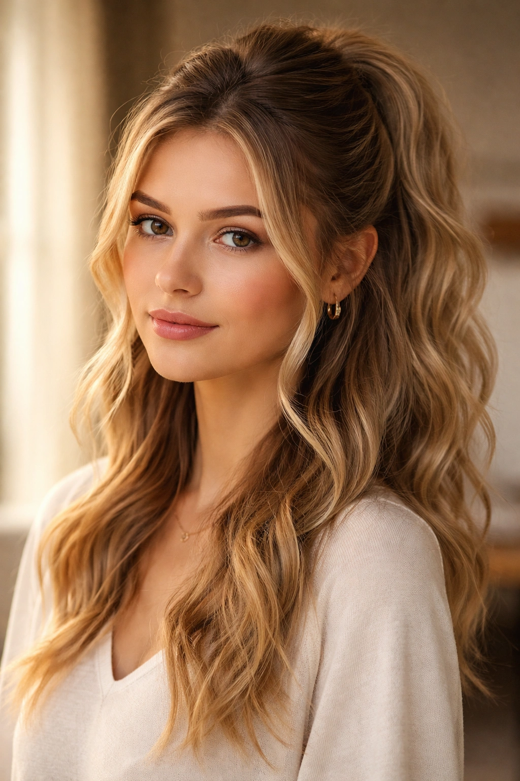 Half-up ponytail with top section secured and bottom waves flowing