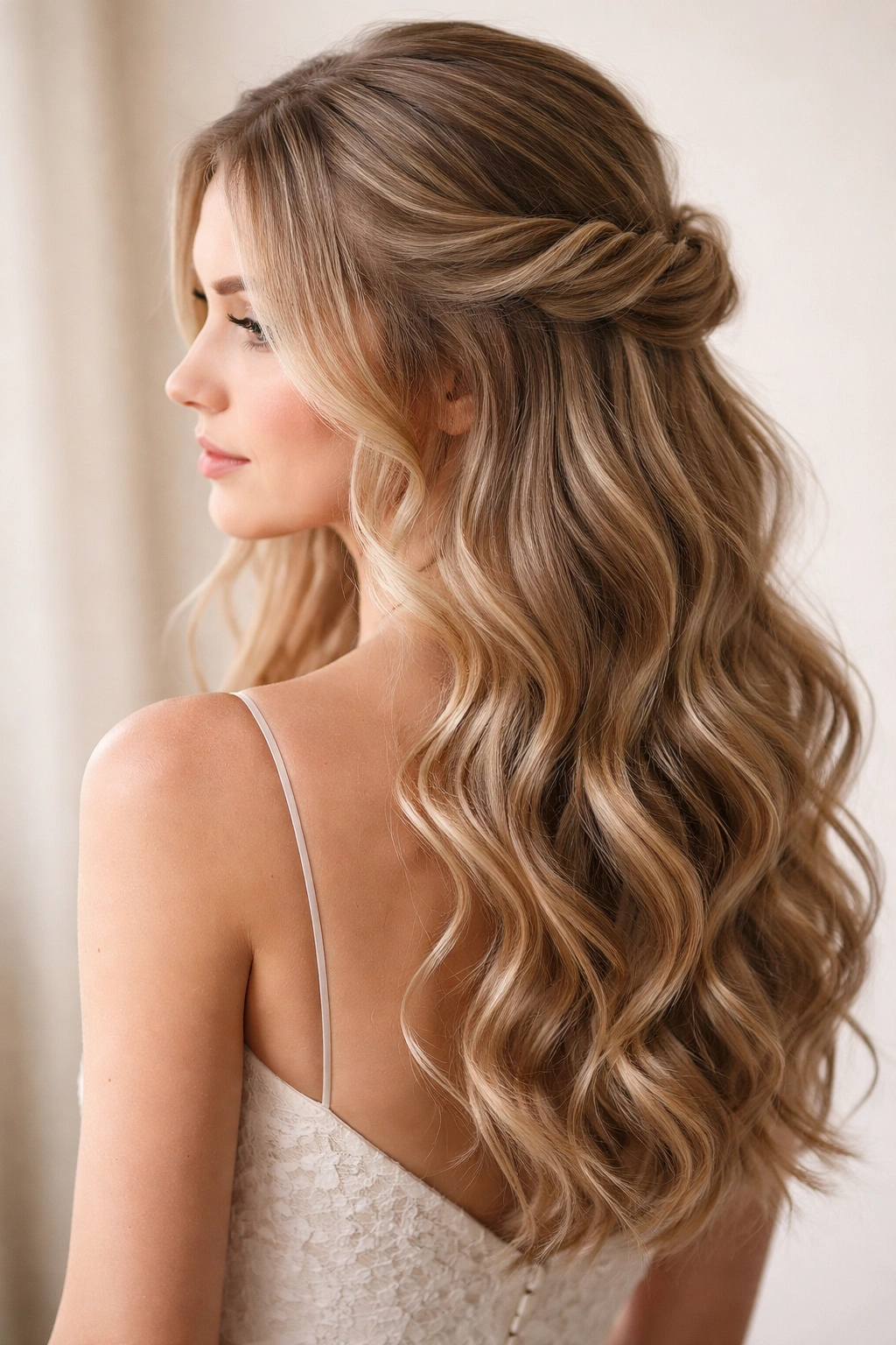 Close-up of half-up waves with a romantic twist