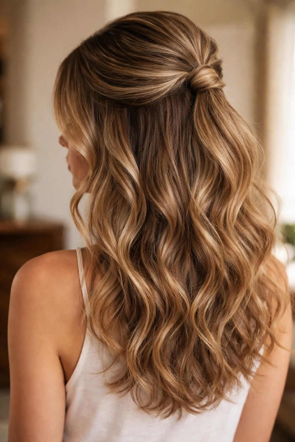 Half-up wavy style with crown gathered hair and flowing waves