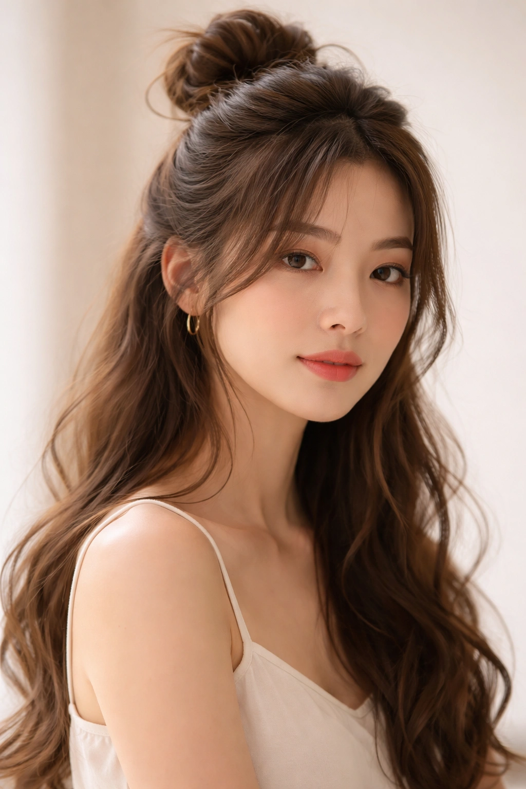 Half-up messy knot with loose strands around the face on soft hair