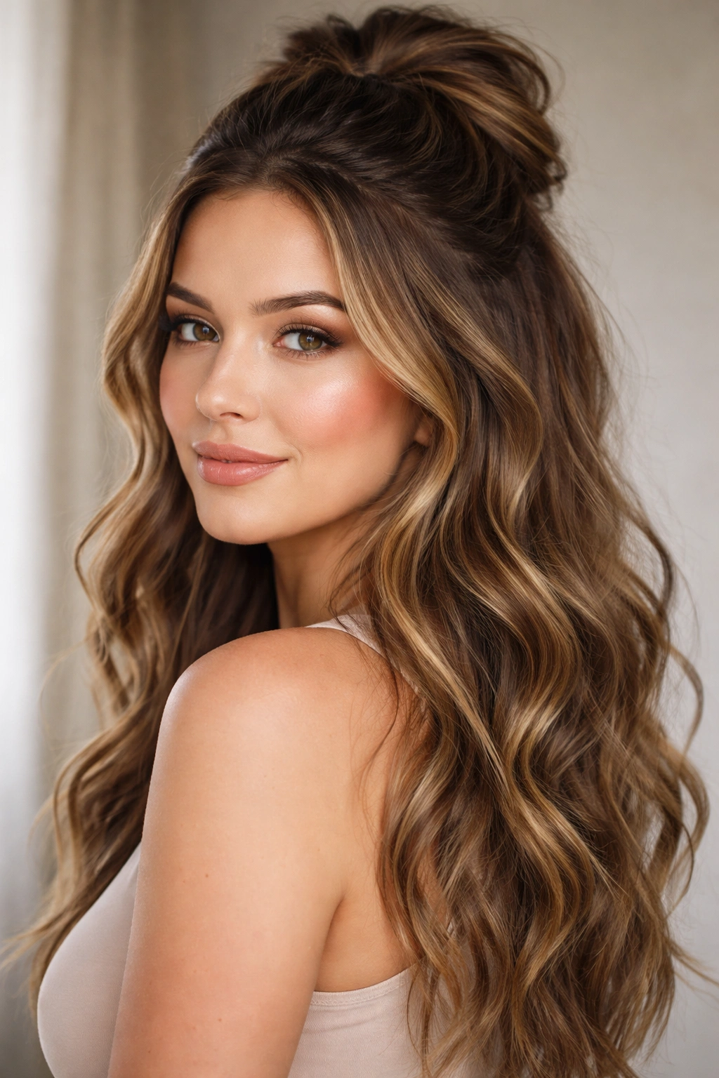 Model with half-up half-down waves and subtle highlights.