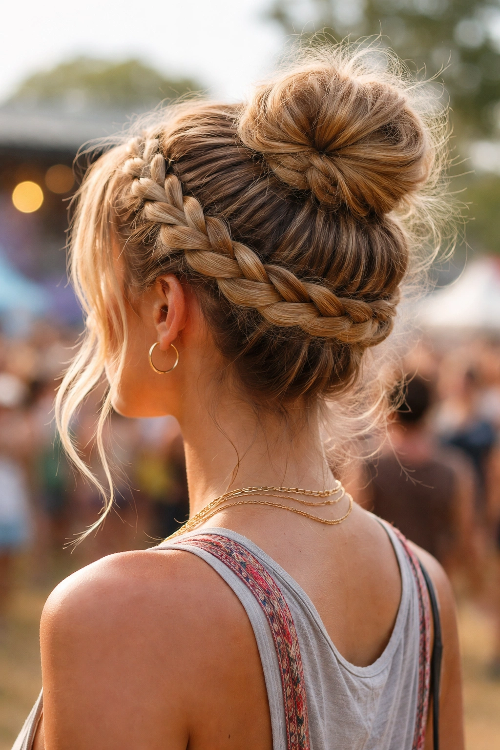 Halo braid framing the head with crown bun at center