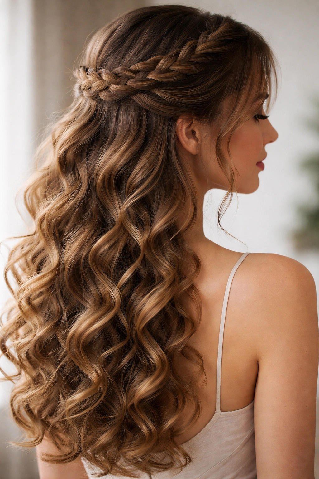 Halo braid encircling head with cascading curls underneath