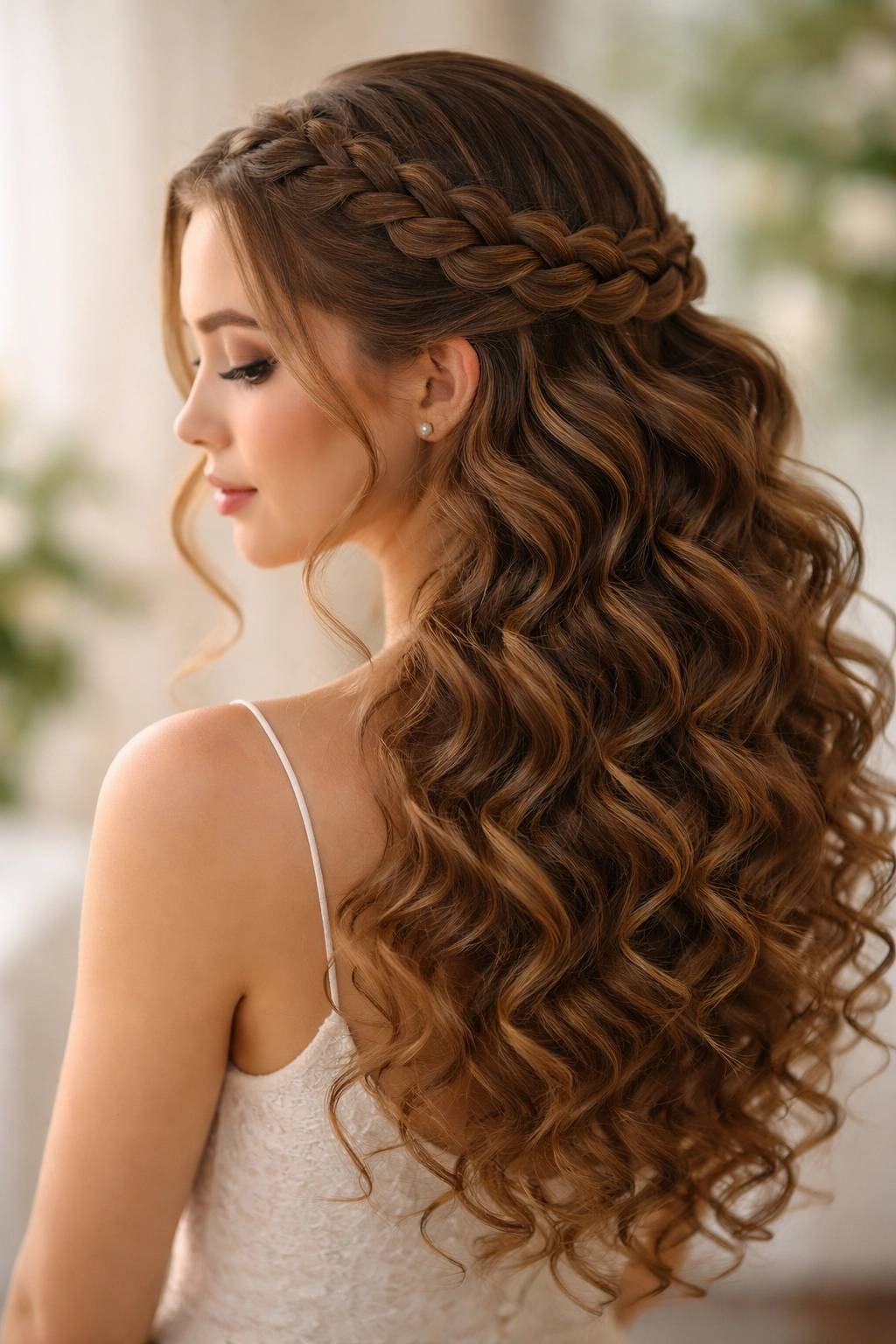 Halo braid around head with cascading curls behind