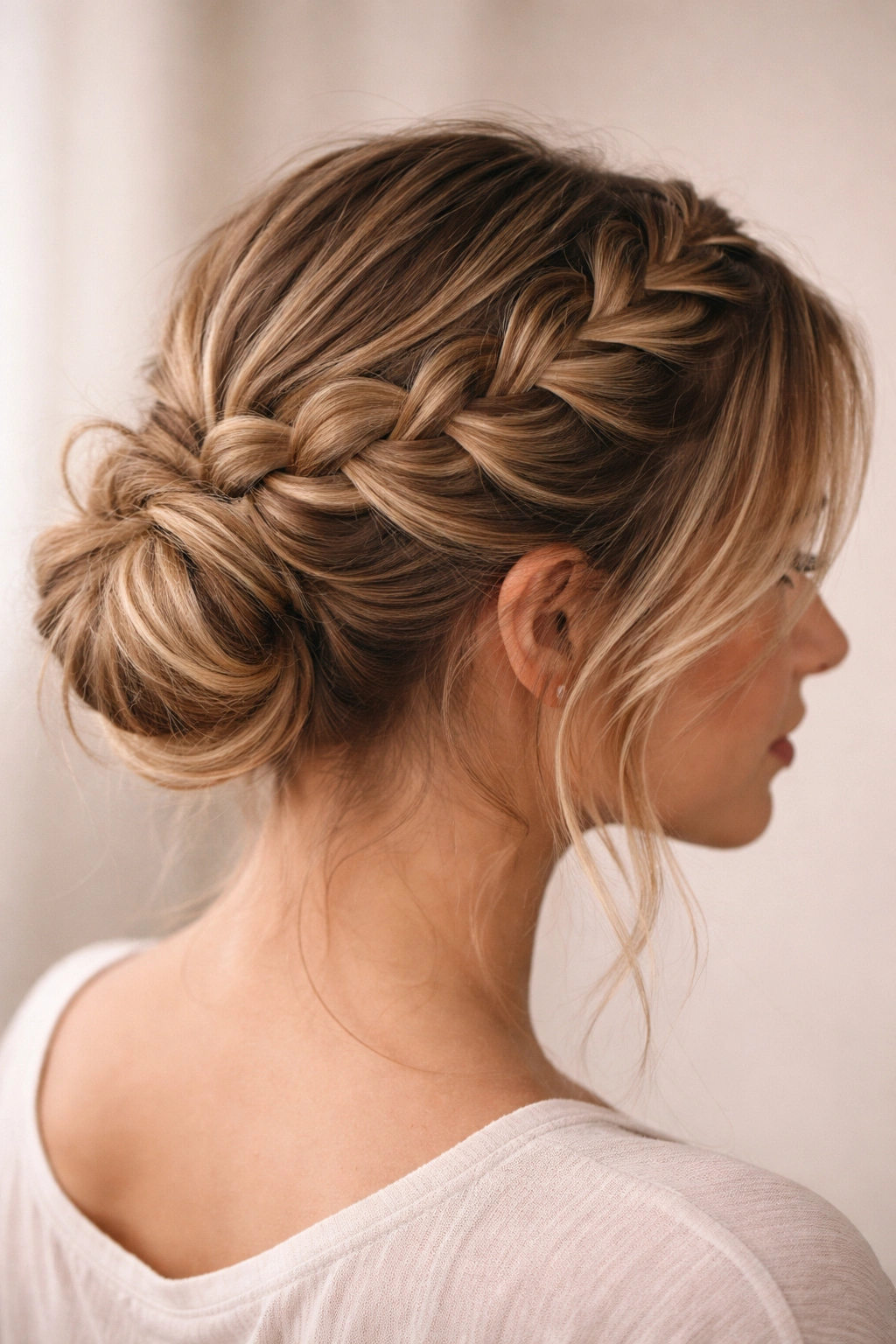 Crown halo braid around the head woven with layered hair, forming a circular halo and low bun.
