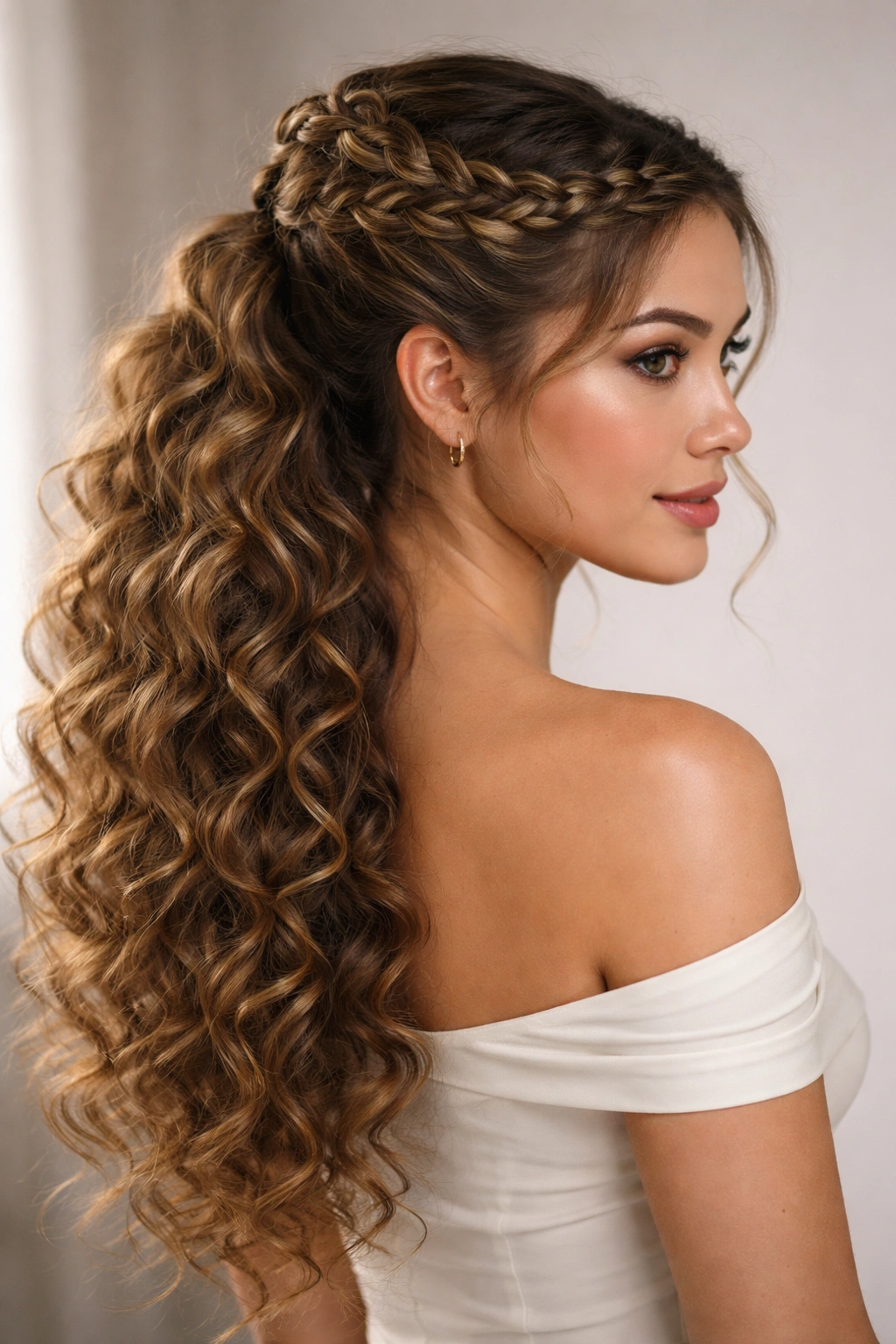 Halo braid sits atop curls with cascading curls flowing into a ponytail.
