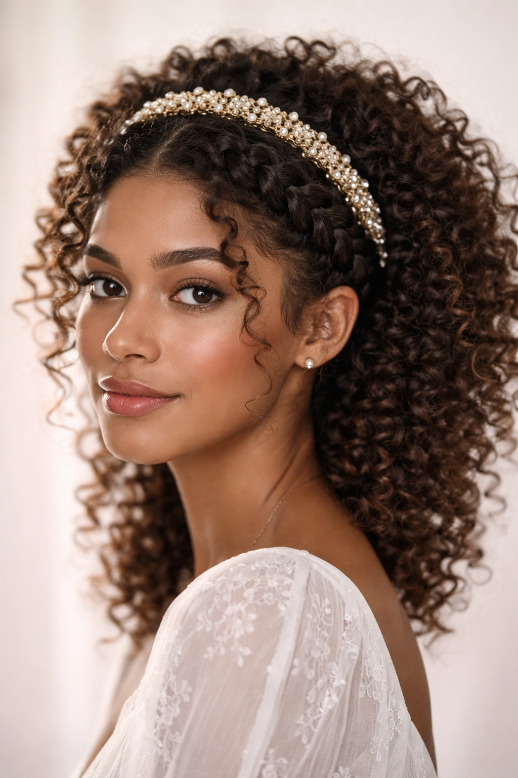 Halo braid encircling crown with decorative headband on curly hair