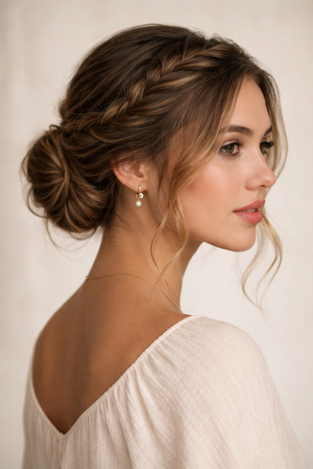Halo braid encircling the head with a low bun at the back