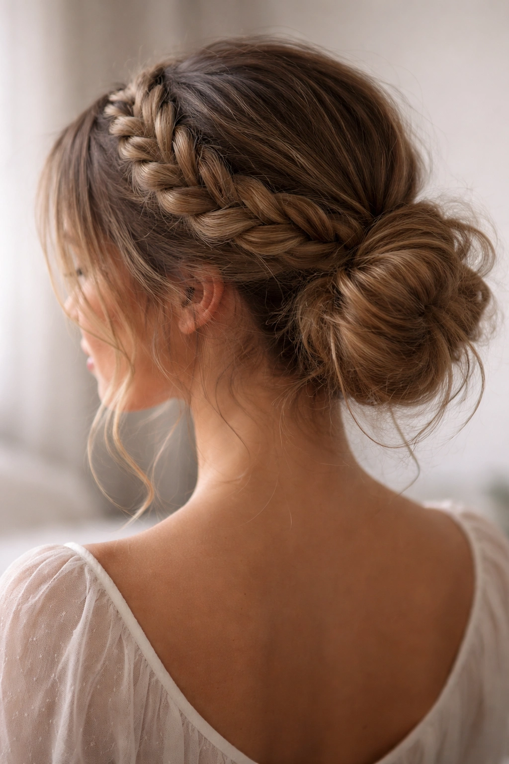 Halo crown braid around the head with a loose bun at the nape