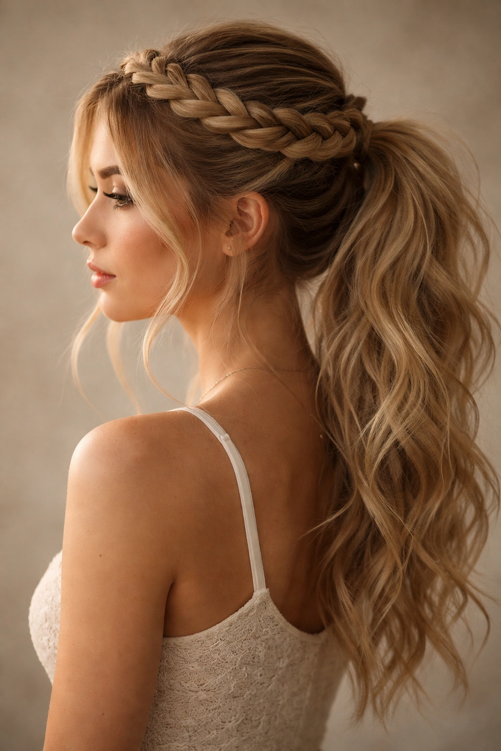 Halo crown braid around the head transitioning to a messy ponytail