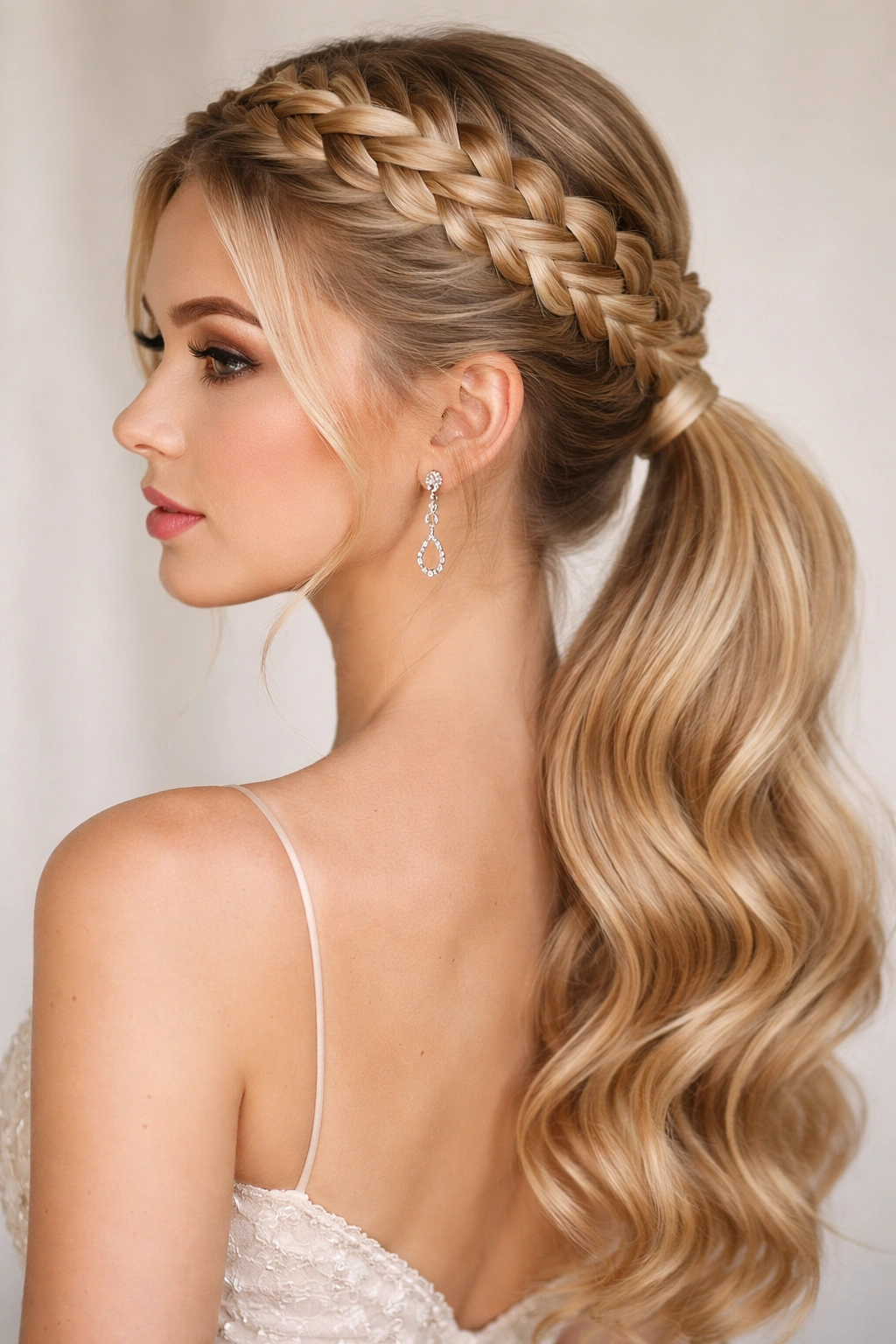 Halo Dutch braid forming a crown around the head ending in a low pony