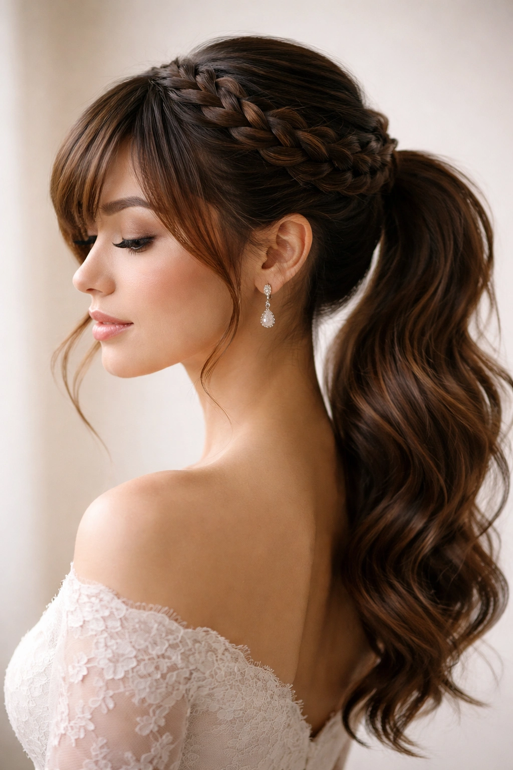 Close-up halo braid ponytail with side-swept bangs bridal hairstyle