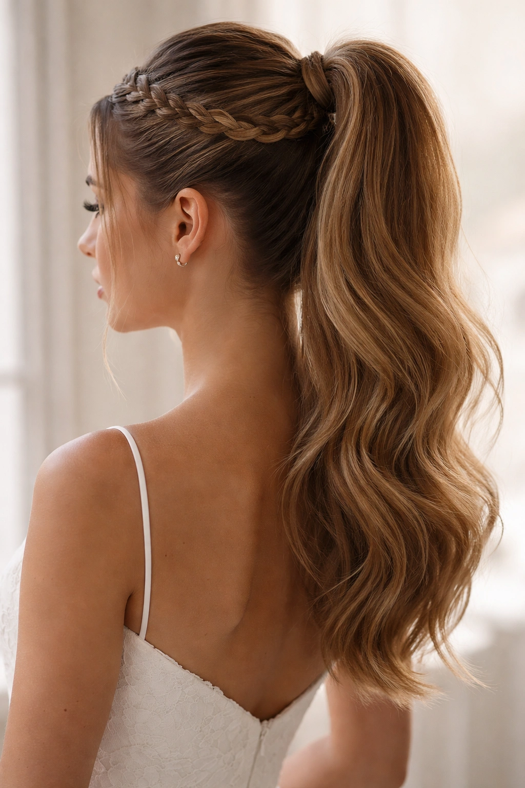 Halo braid above a high ponytail forming a crown