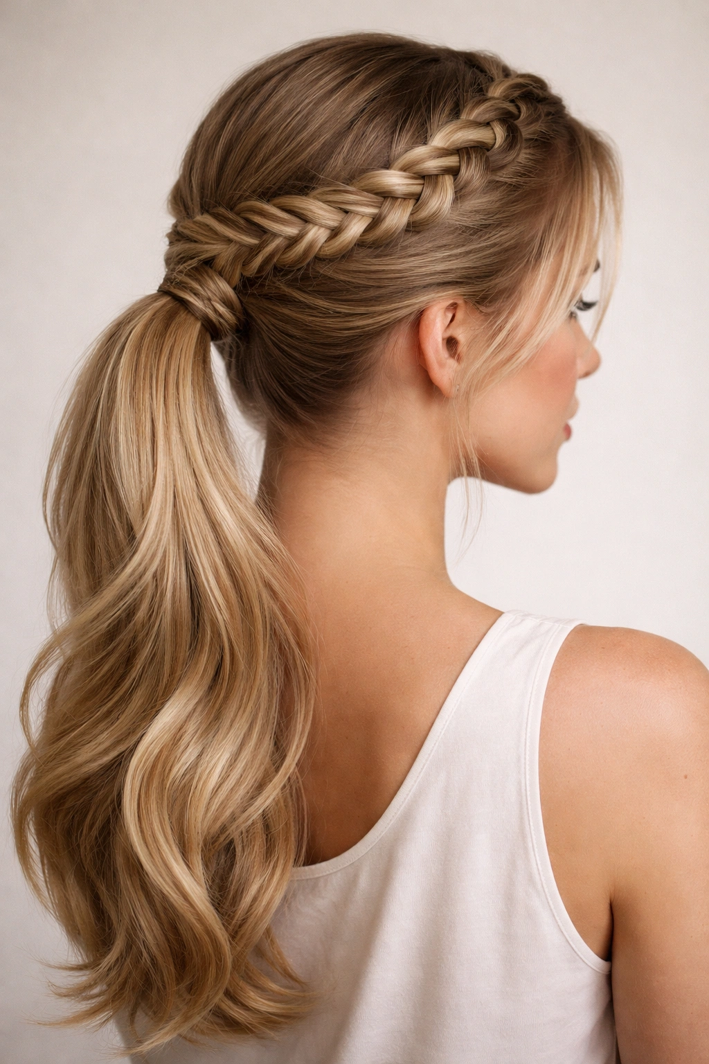 Halo braid circling the head into a low ponytail