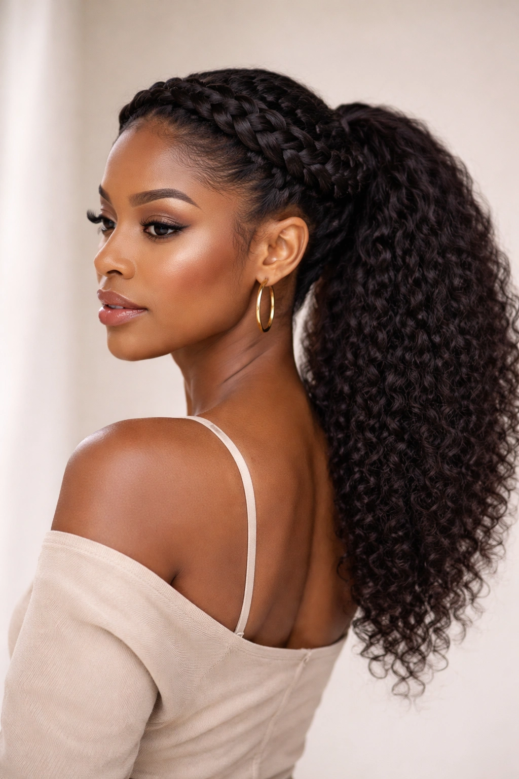 Halo braid framing the head with a central ponytail at the back