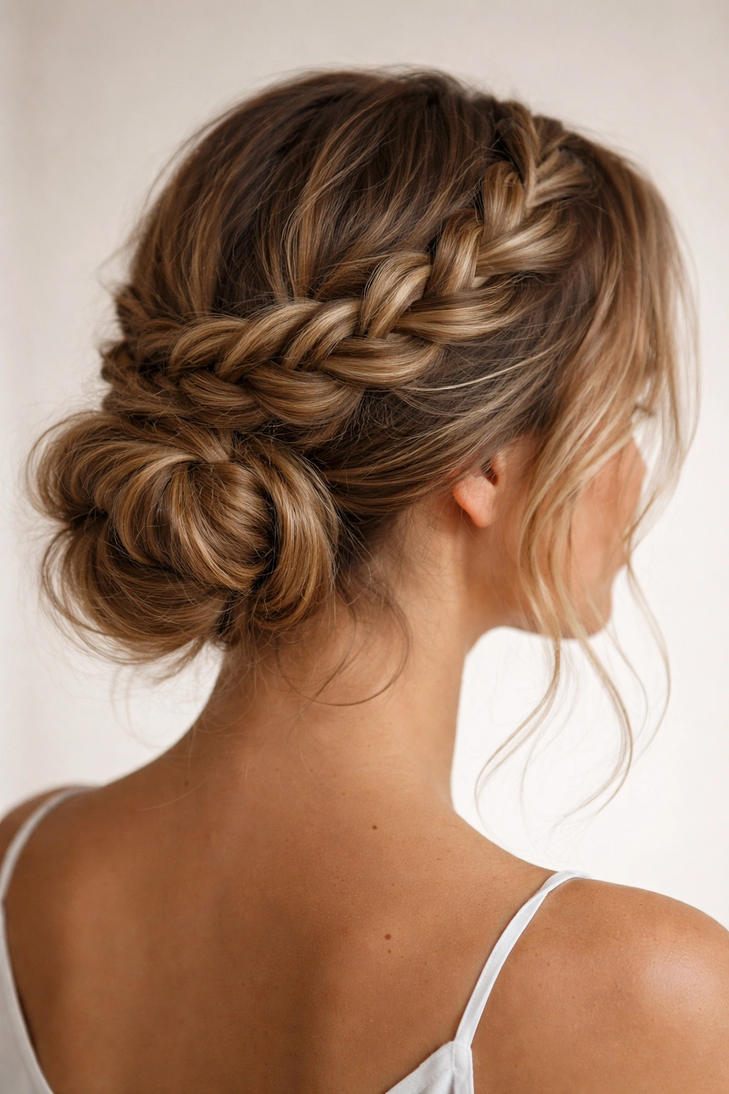 Halo braid encircling crown flowing into soft bun at nape with waves