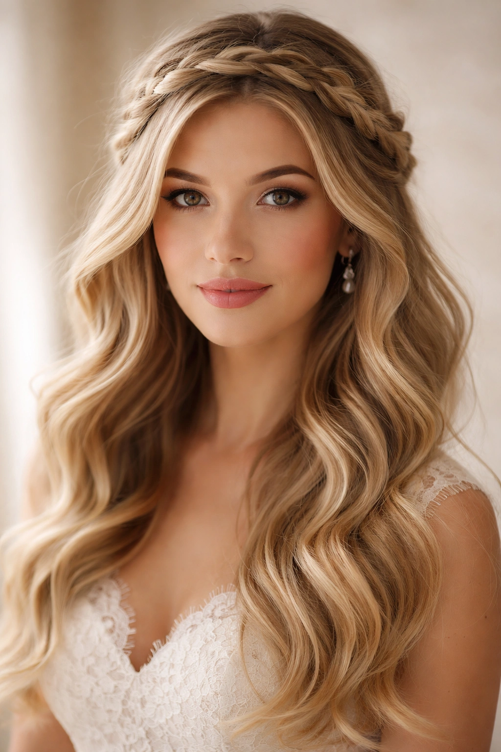 Close-up of a bridal halo braid with flowing waves beneath for a romantic wedding look