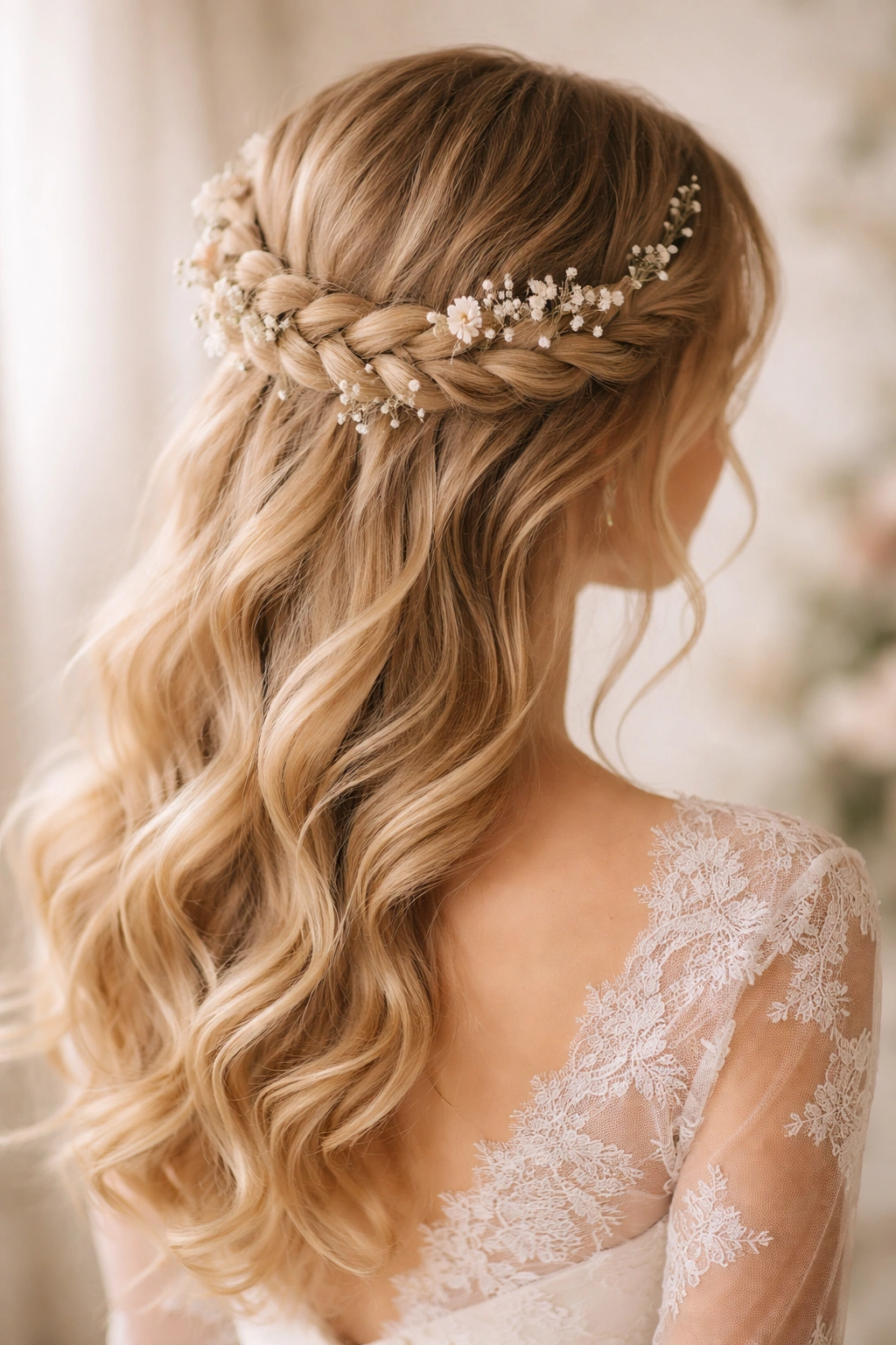 Close-up of a wrapped halo braid with small flowers on bridal hair