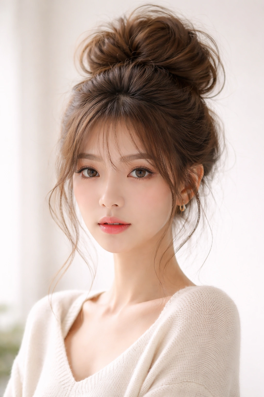 Dramatic halo bun with high crown volume on soft hair
