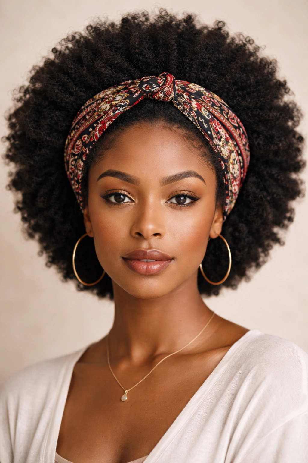 Portrait of a person with a halo crown bandana framing the face and hair texture visible