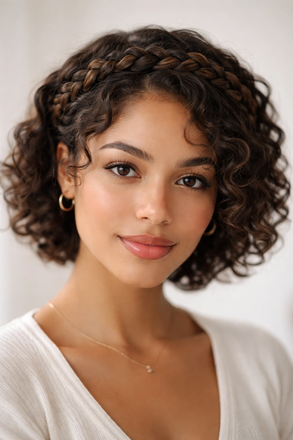 Close-up of a head with a halo braid crown over curly hair