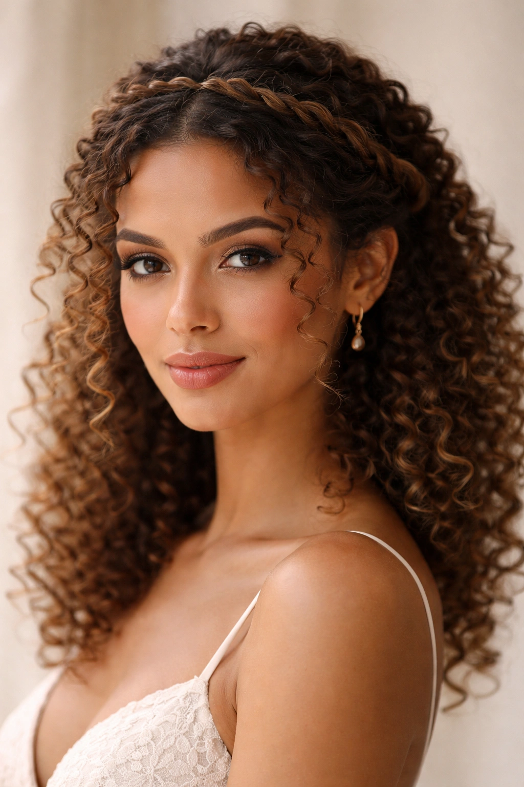 Close-up of twisted halo crown hairstyle on curly hair