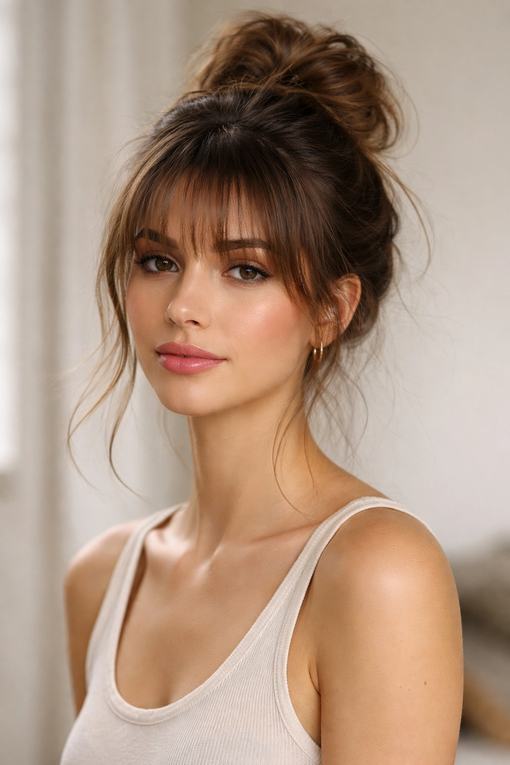 Portrait showing harmony between a messy bun and wispy bangs, cohesive styling