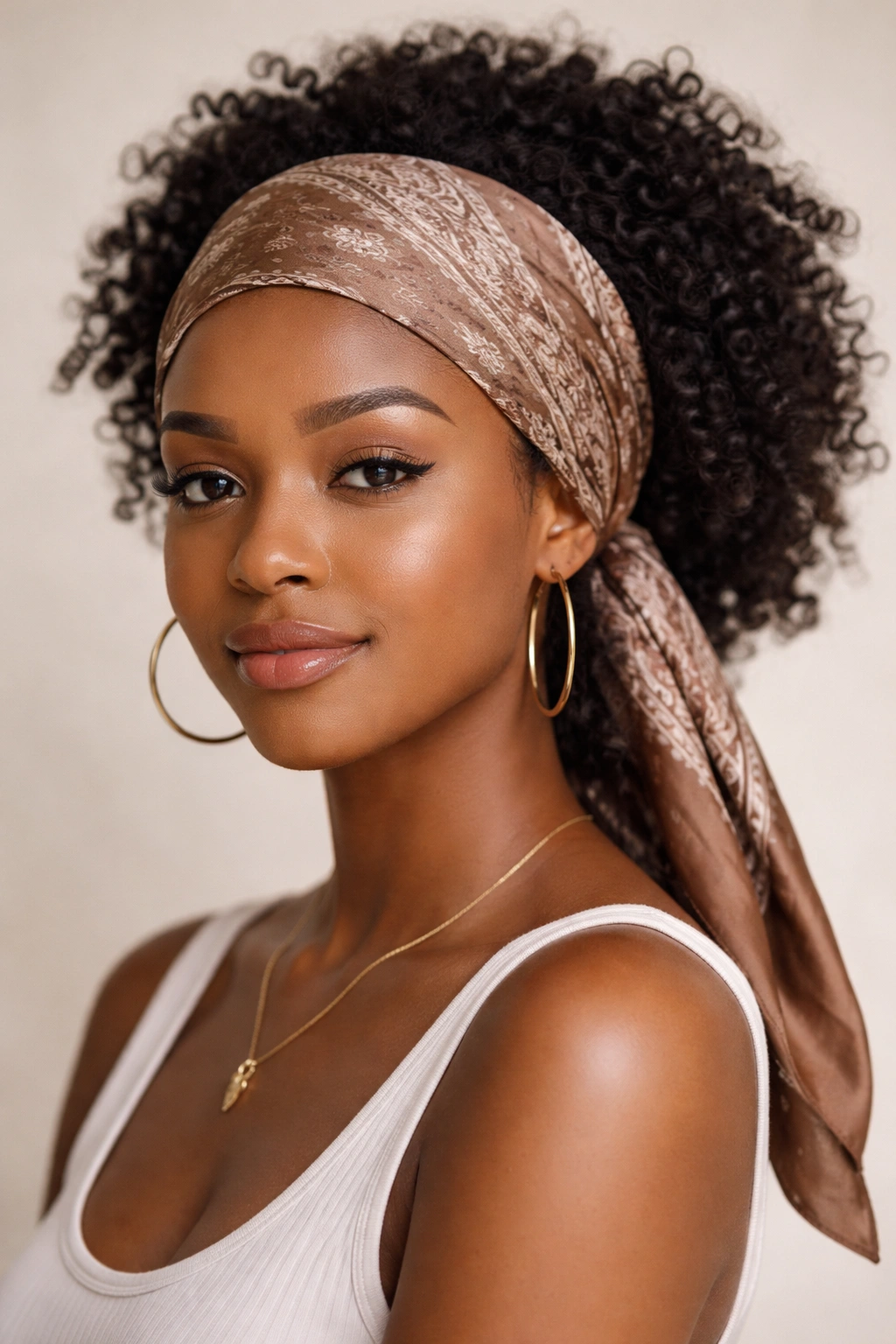 Portrait of a person wearing a classic head wrap with triangular folded bandana at the hairline