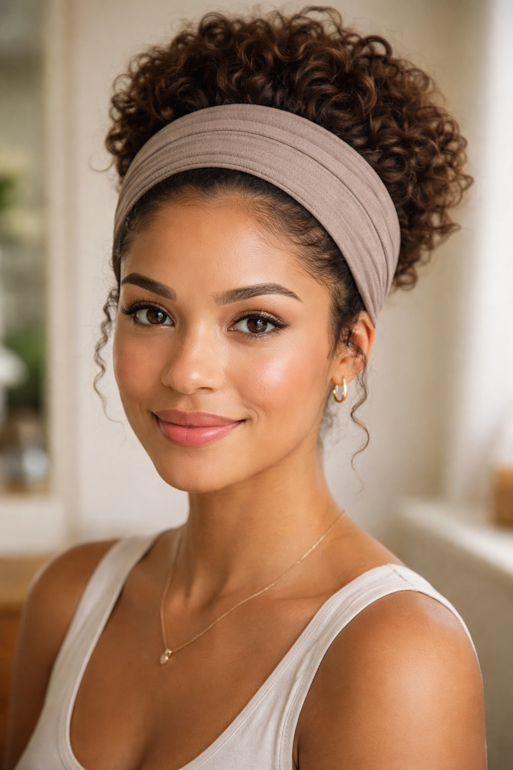 Close-up of curly hair styled in a wide headband tuck.
