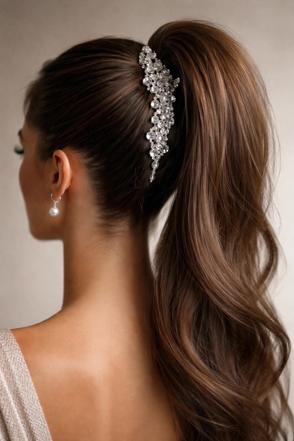 High ponytail woven with a crystal pearl headpiece at the base