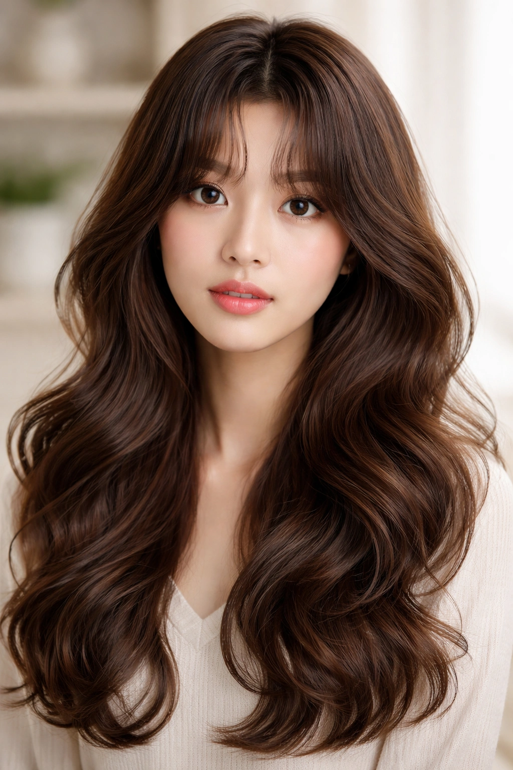 Close-up of heart-shaped bangs with voluminous waves for a feminine Korean look.