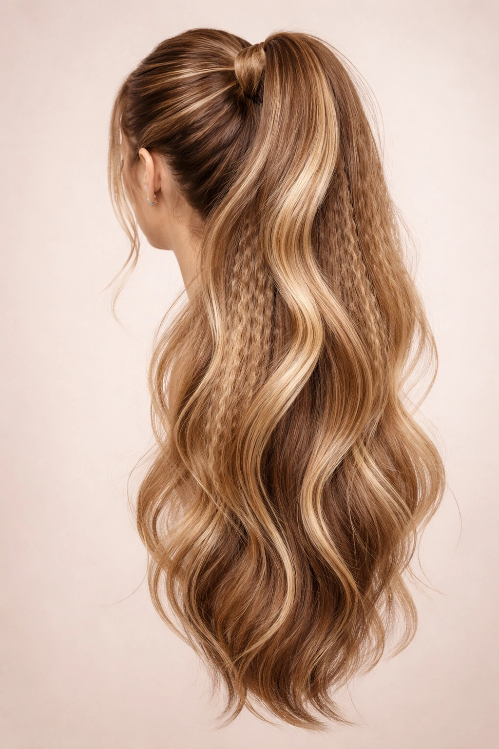 Ponytail extension with built-in textured sections showing crimped segments