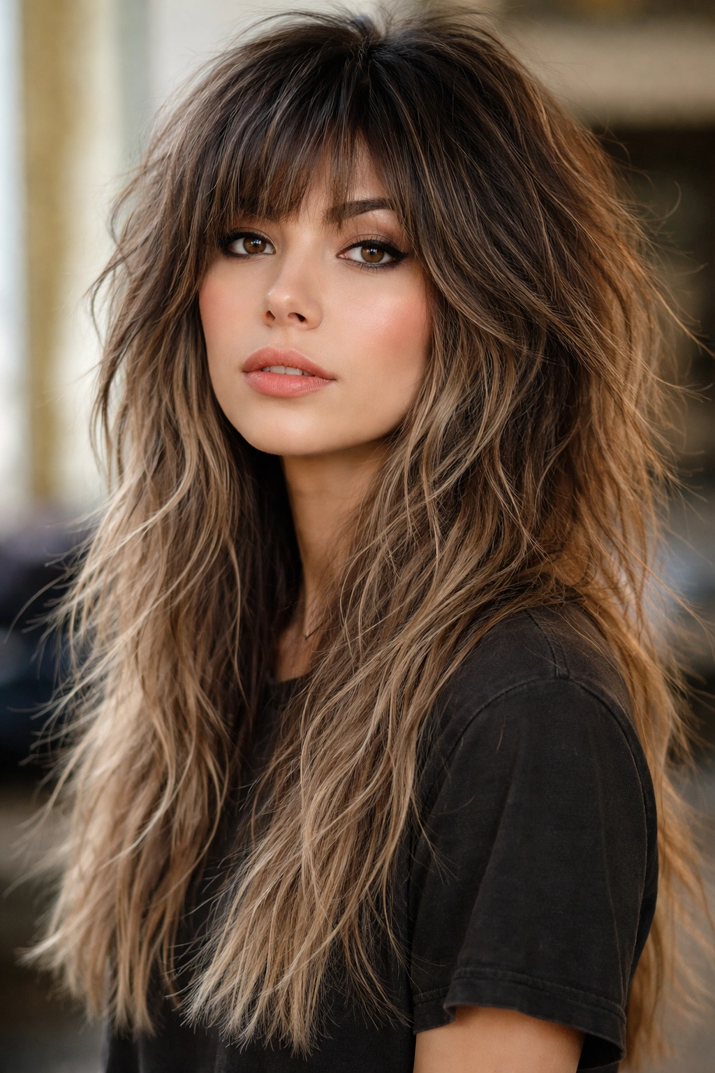 Heavily textured wolf cut with blunt ends portrait