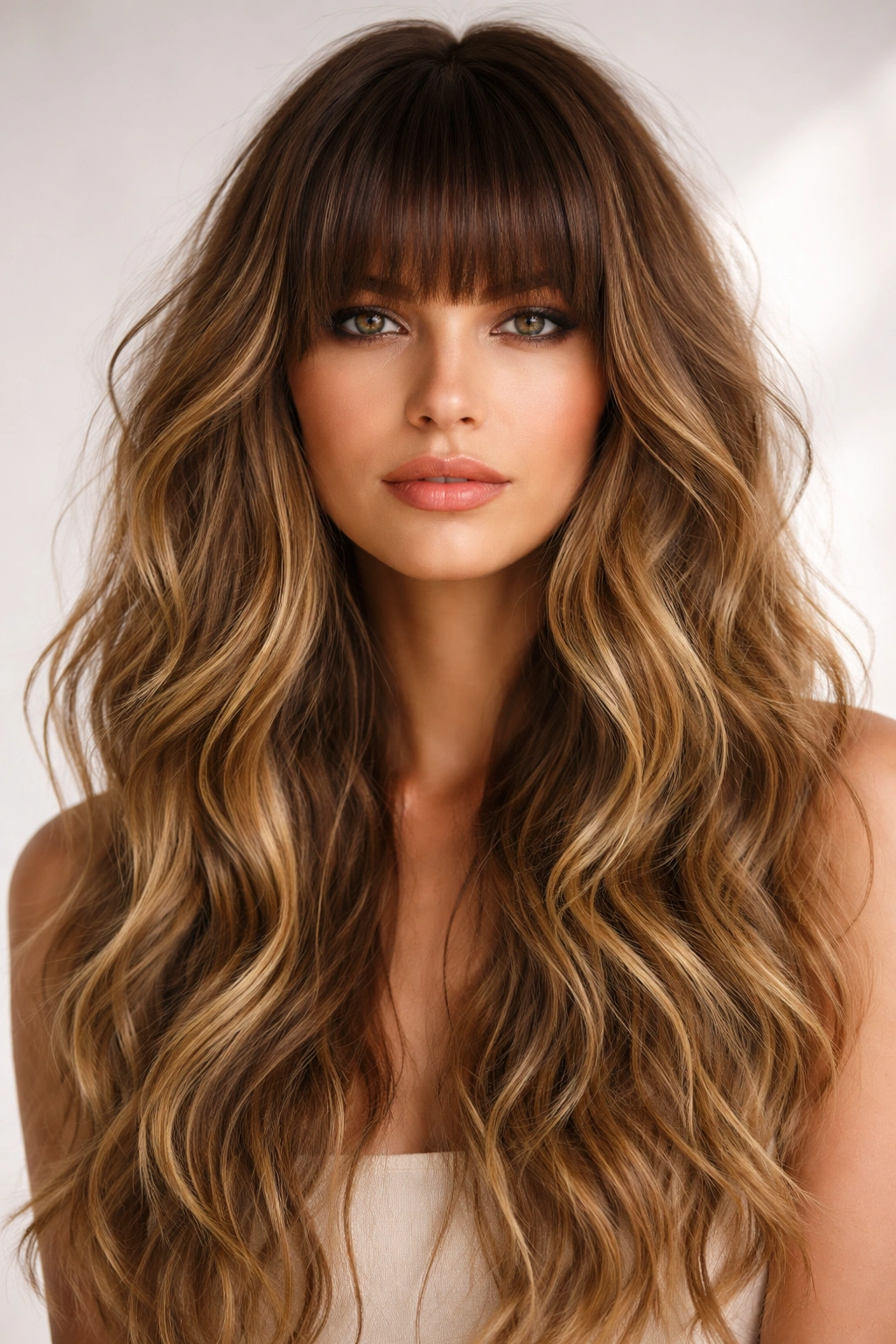Heavy blunt bangs with beachy waves on a model, bold fringe
