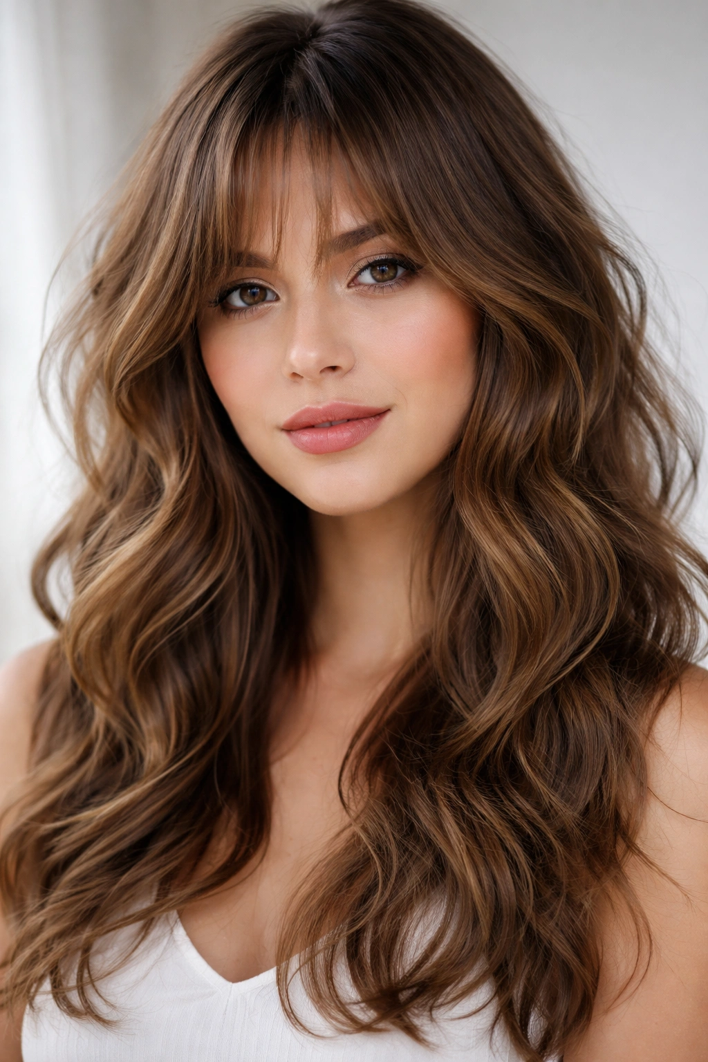 Hidden bangs blending into tousled waves hairstyle
