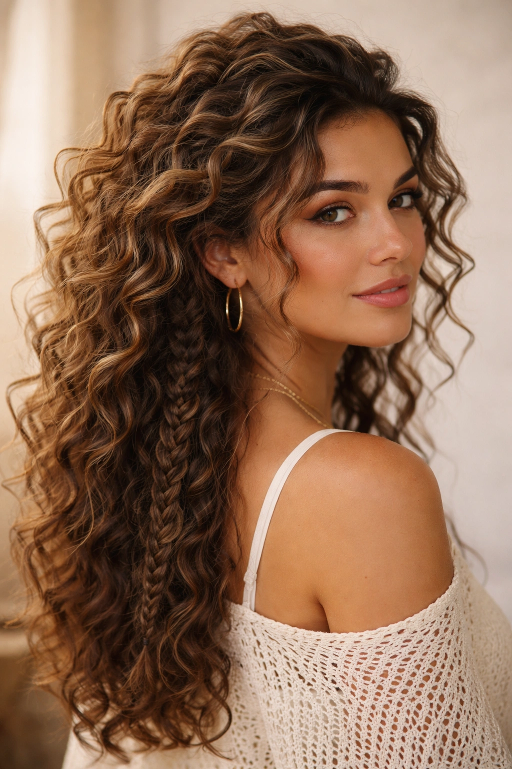 Hidden braid beneath loose curls on top with dimensional layering
