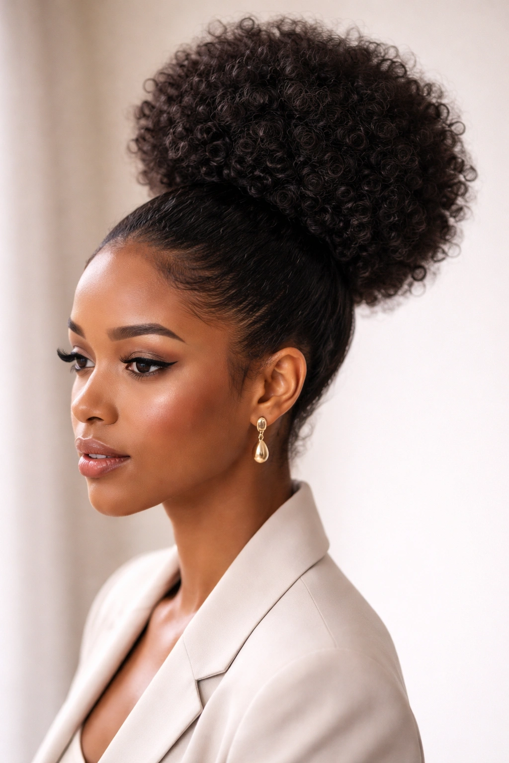 Single high Afro Bun centered on the crown with defined coils