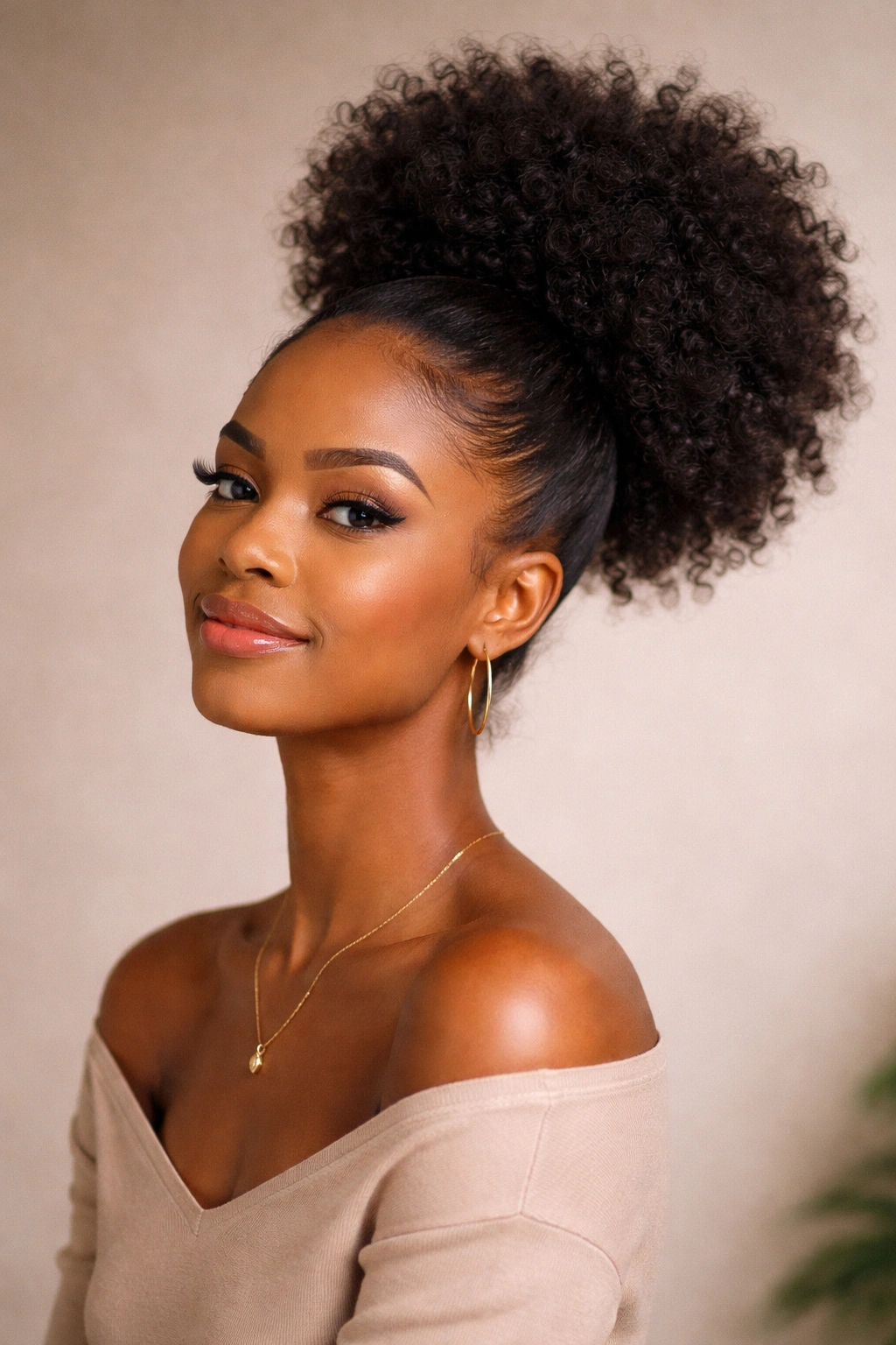 Close-up of a Black woman with a high-crown Afro pony, lifted curls and defined volume