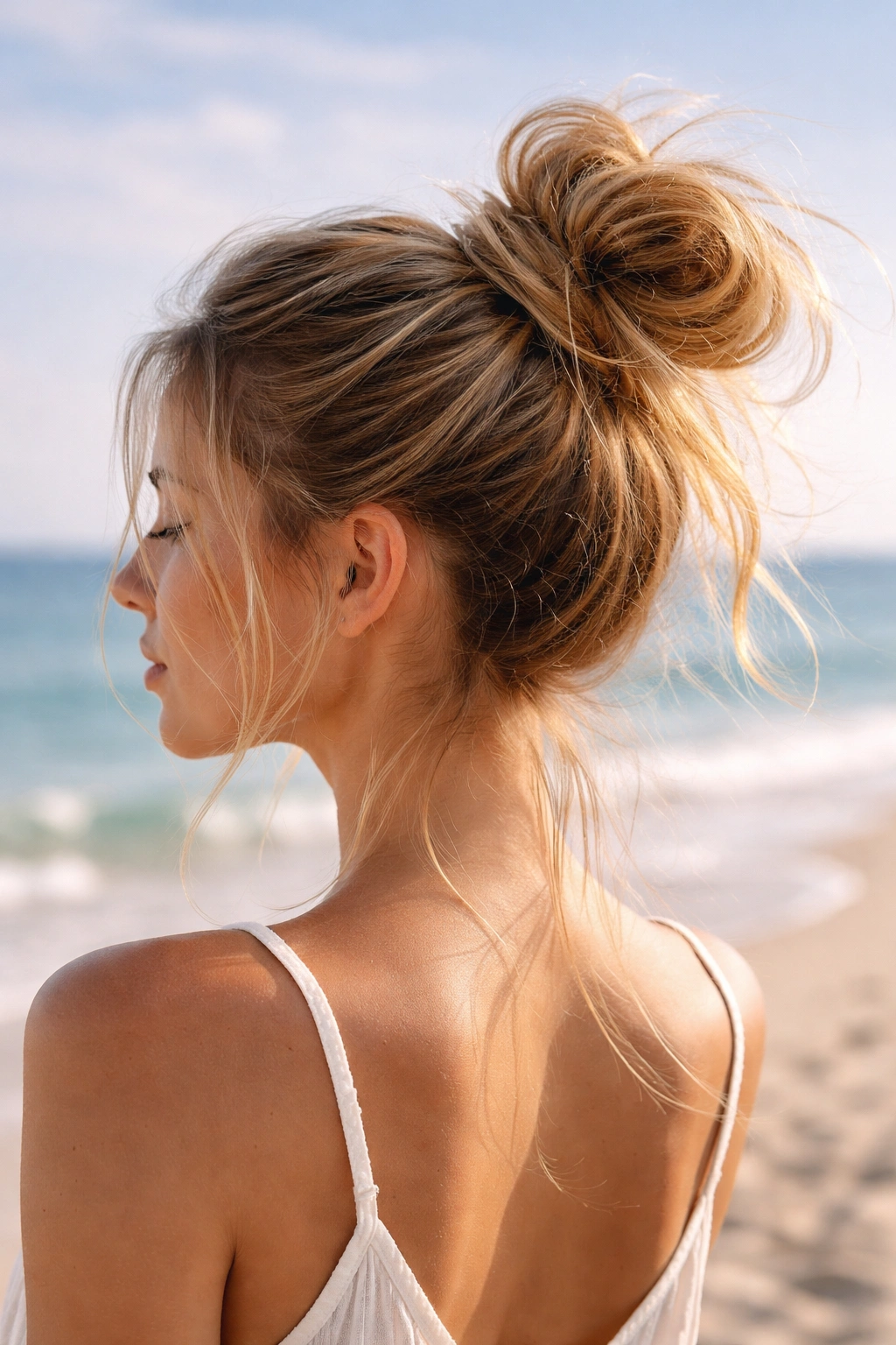 Close-up of a high tousled bun on the crown with loose strands on a beach