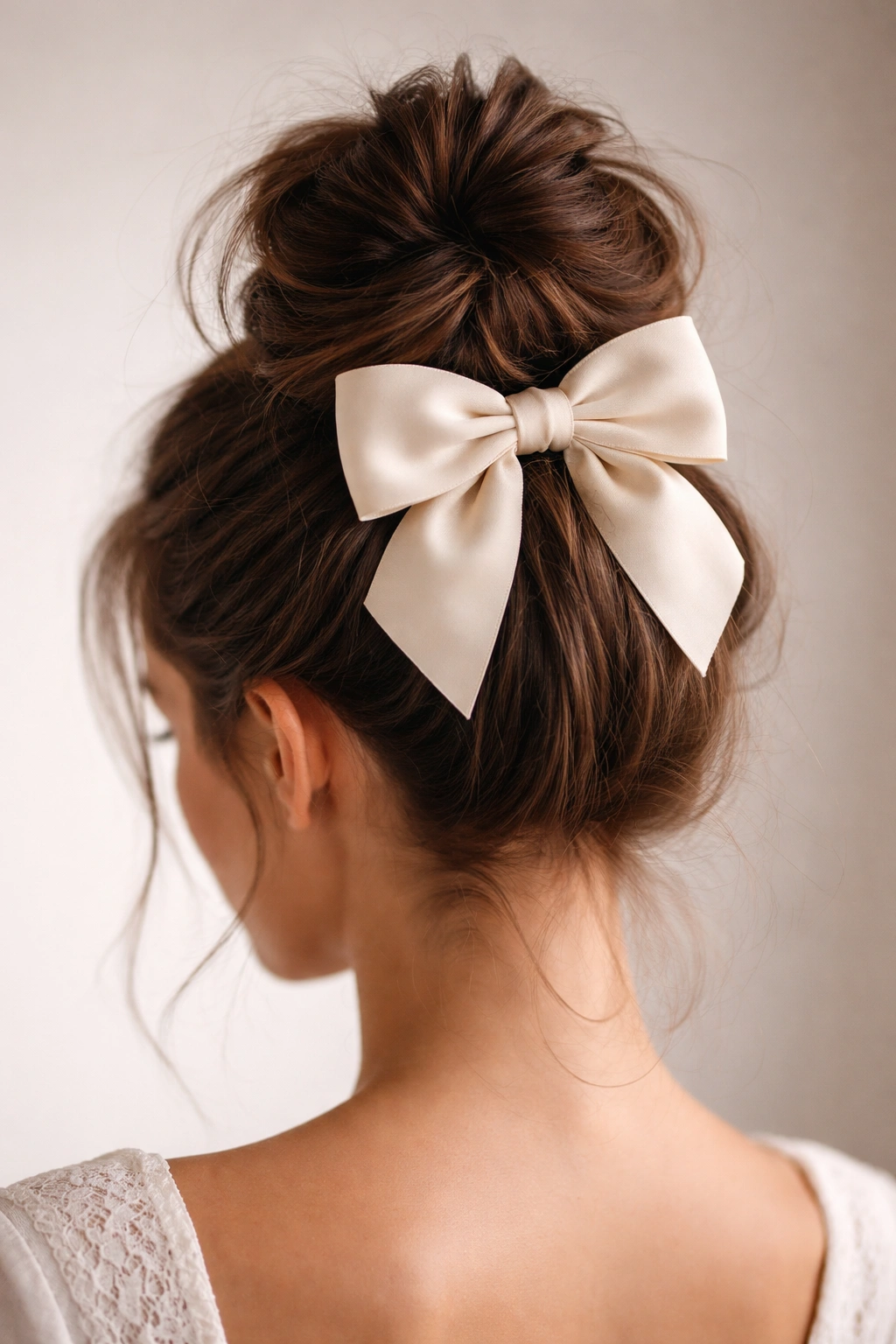 Close-up of a high messy bun with a bow at the crown