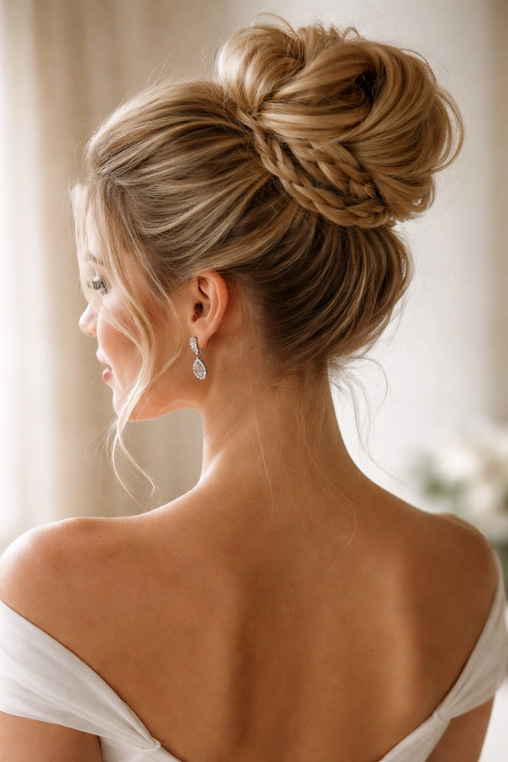 Close-up of a high textured bun with a braided detail at the crown
