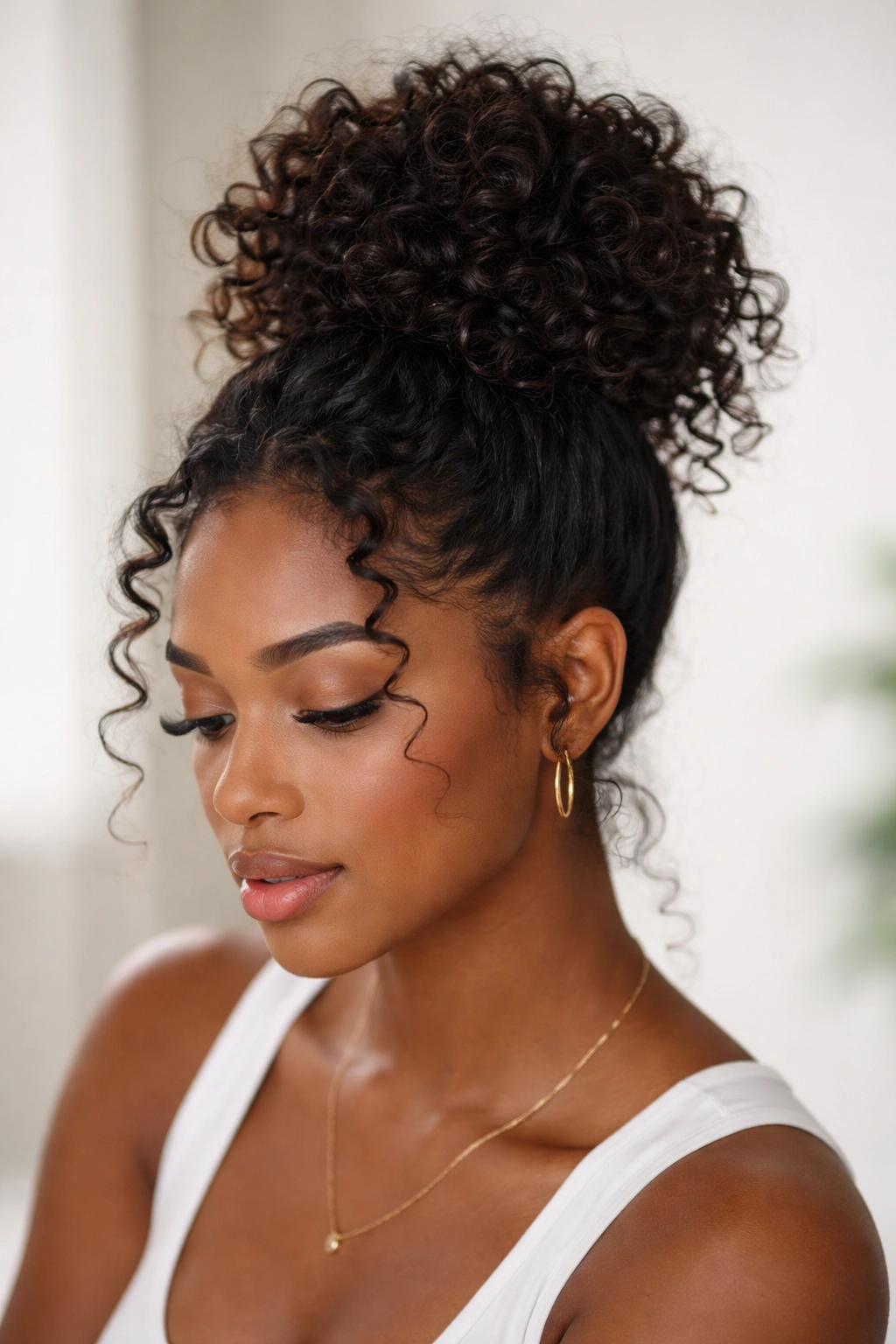 High messy bun with defined coils seen from top, showcasing volume.