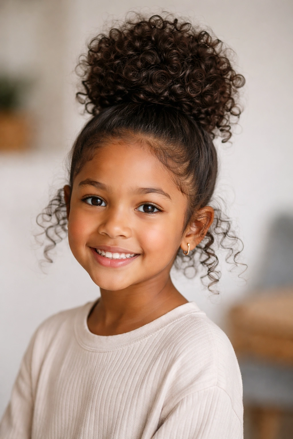 Child wearing a high bun with curls around the base