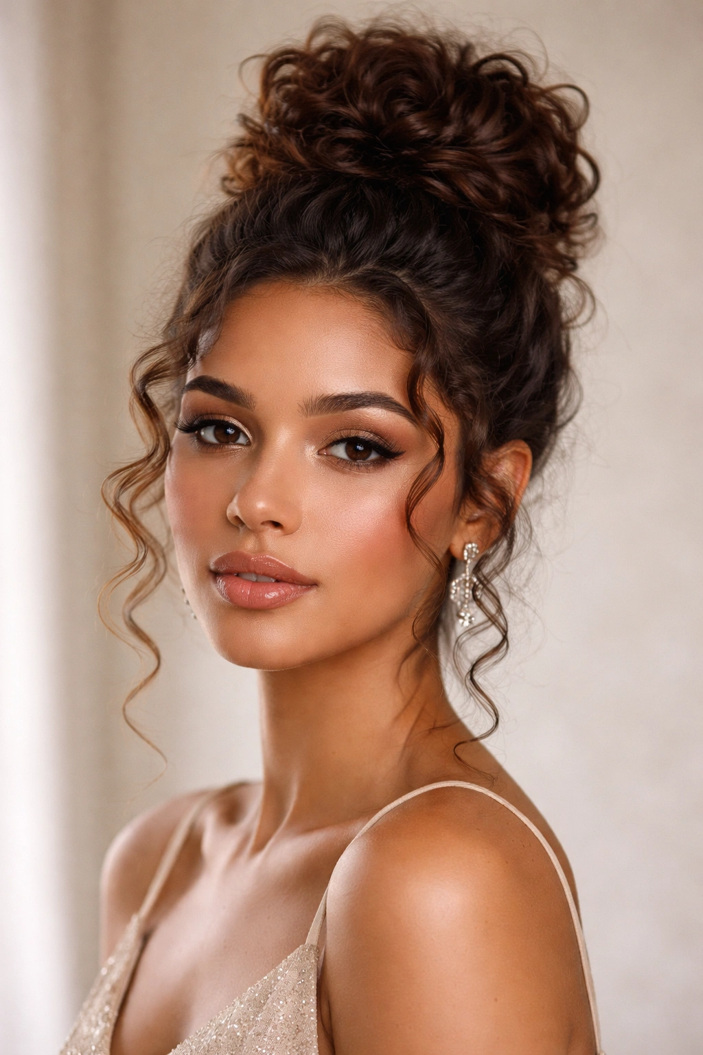 Close-up of a high crown bun with soft face-framing curls around the hairline