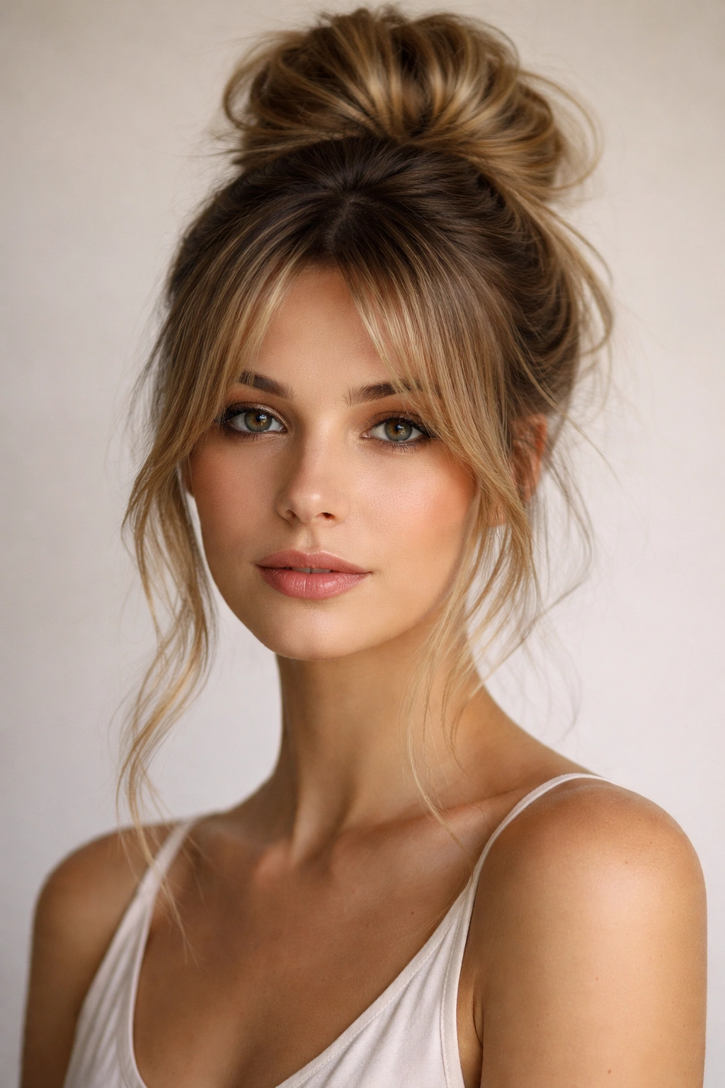 Close-up of a high bun with face-framing wisps and curtain bangs.