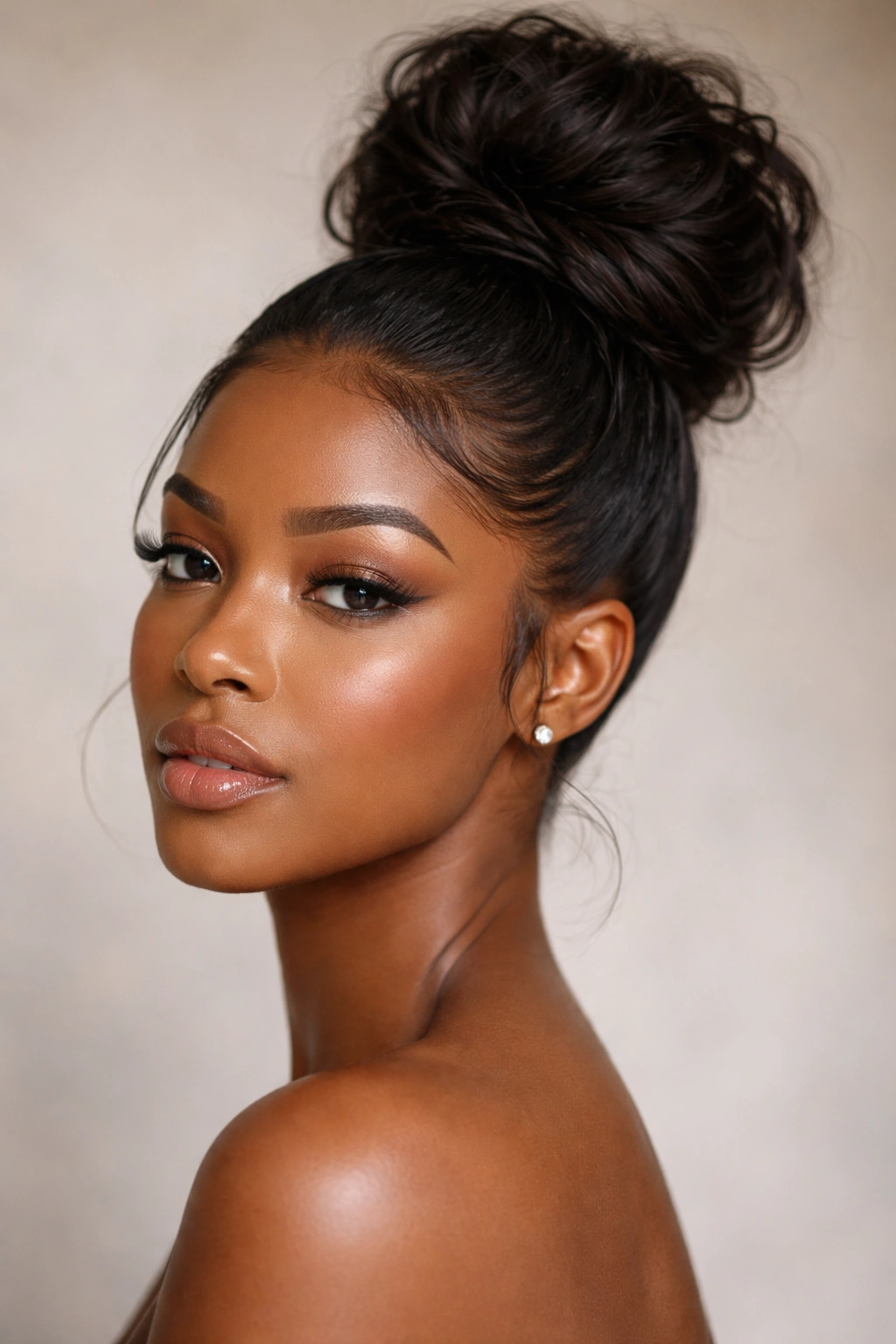Close-up of Classic Sleek High Messy Bun on Black hair, crown bun with smooth edges and textured volume