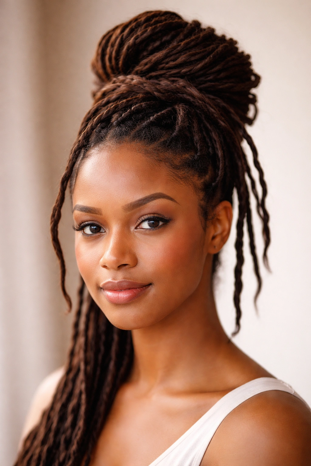 Close-up of a high crown bun with twisted crown detail on locs