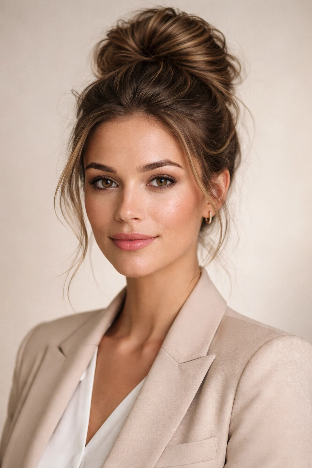 Close-up of a high messy bun on top of the head with face-framing strands, studio lighting